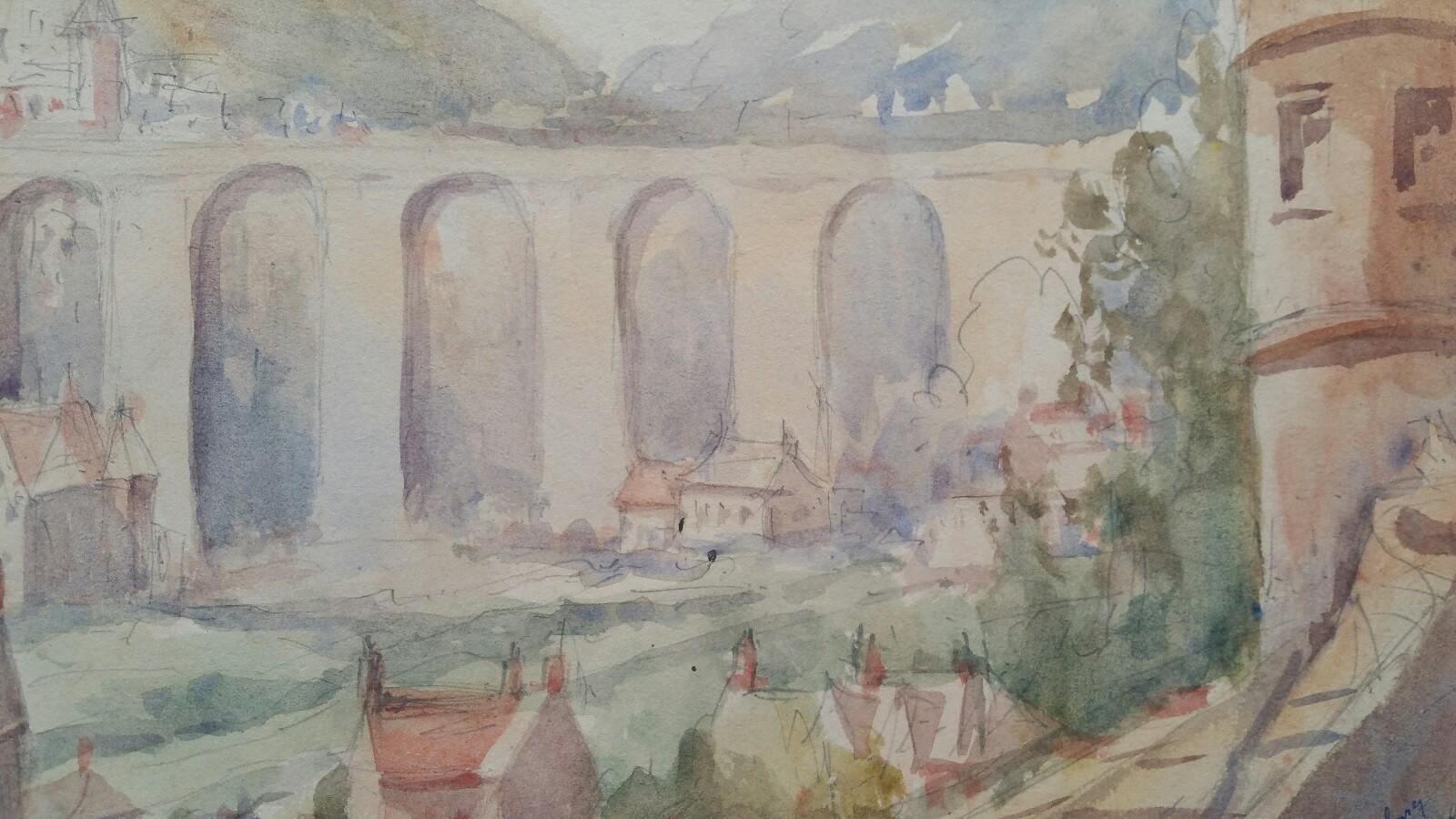 Old Luxembourg. La Passerelle and The Ramparts 
by Leonard Machin Rowe (1880-1968)
signed and inscribed front lower right corner. Inscribed, dated and signed to the back
watercolour painting on artist's paper, unframed

Image 9.75 x 13.75 inches,