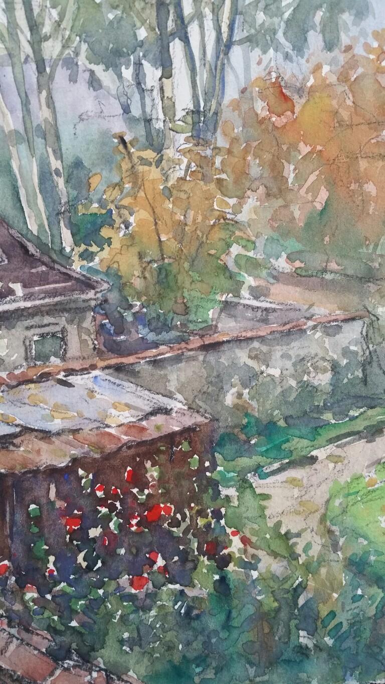 Ecole de Paris Mid 20th Century, Neuilly Sur Seine Garden - Gray Landscape Painting by Henri Miloch