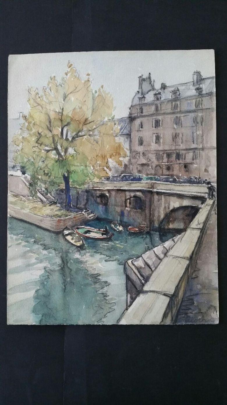 Ecole de Paris Mid 20th Century, A Scene by The River Seine  - Painting by Henri Miloch