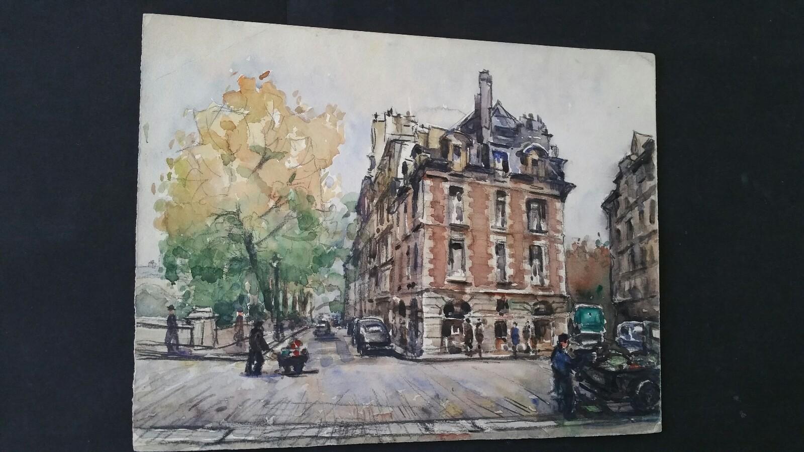Paris, France: A City Street Scene 
by Henri Miloch (1898-1979)
unsigned 
watercolour and gouache painting on artist's paper, unframed

sheet 9.75 x 12.25  inches 

Very nicely executed study of a street scene in Paris by the highly regarded