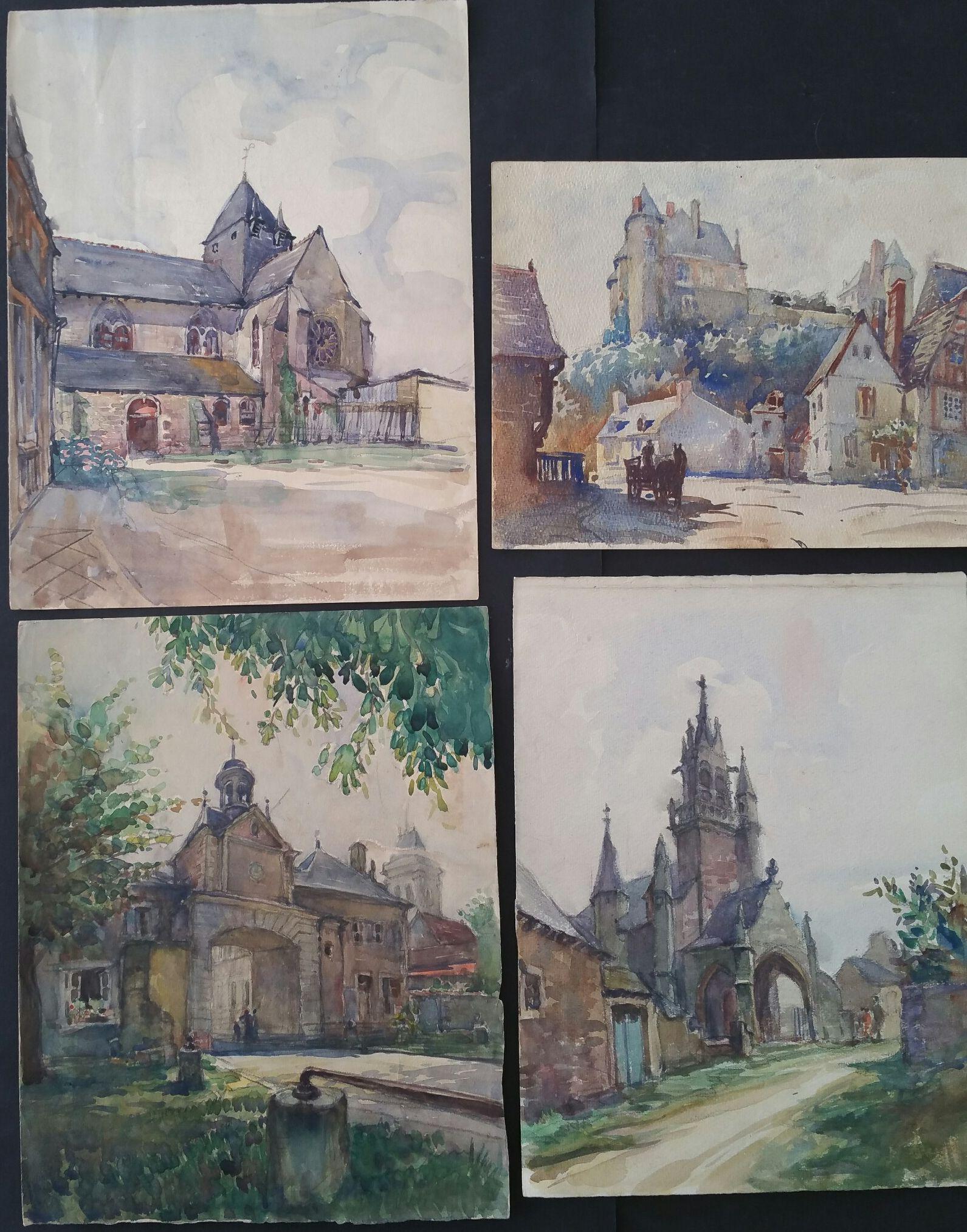 Landscape Painting Henri Miloch - Quatre paysages architecturaux de l'École de Paris du milieu du 20e siècle