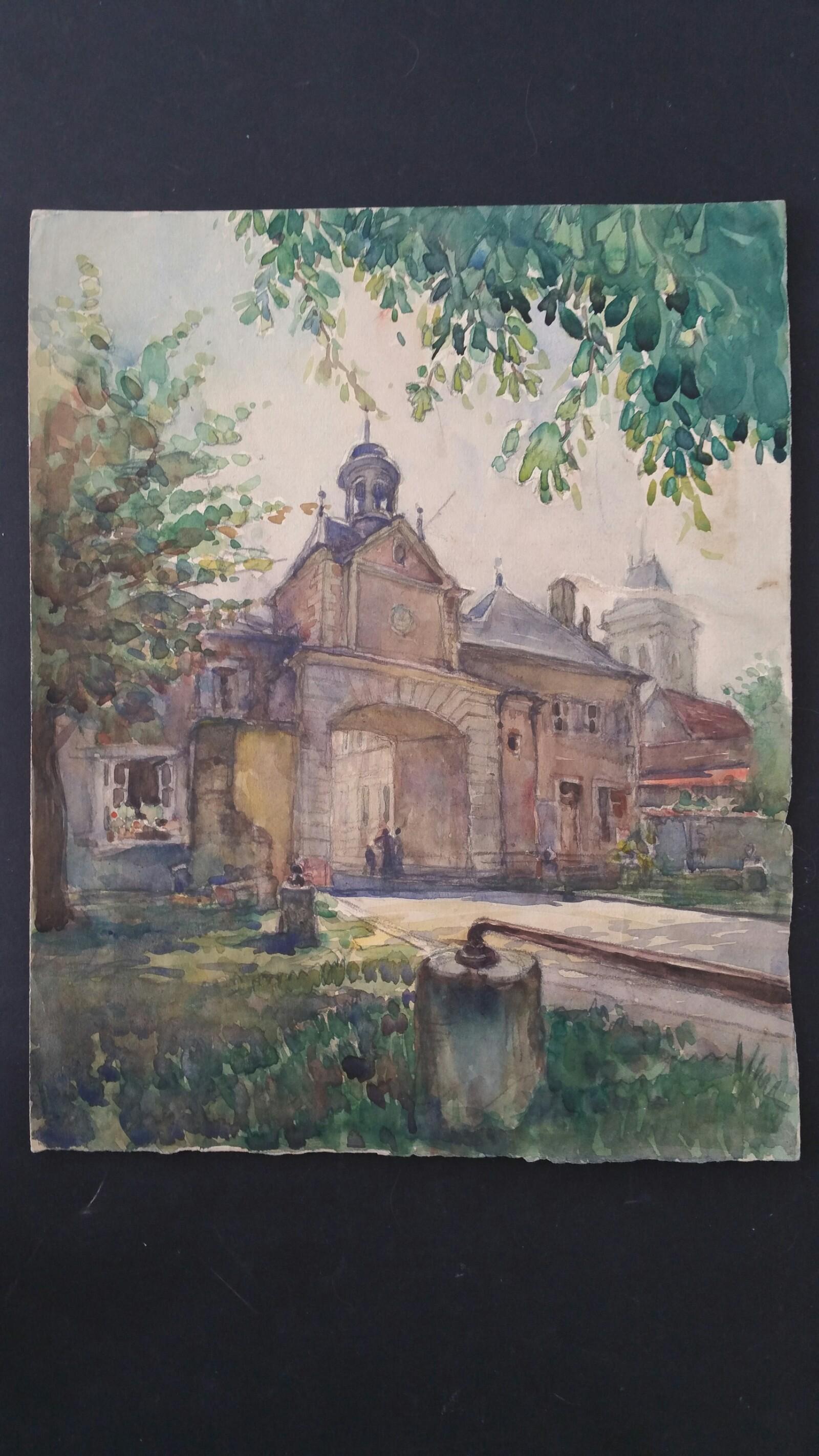 Ecole de Paris Mitte des 20. Jahrhunderts, Vier architektonische Landschaften (Grau), Landscape Painting, von Henri Miloch