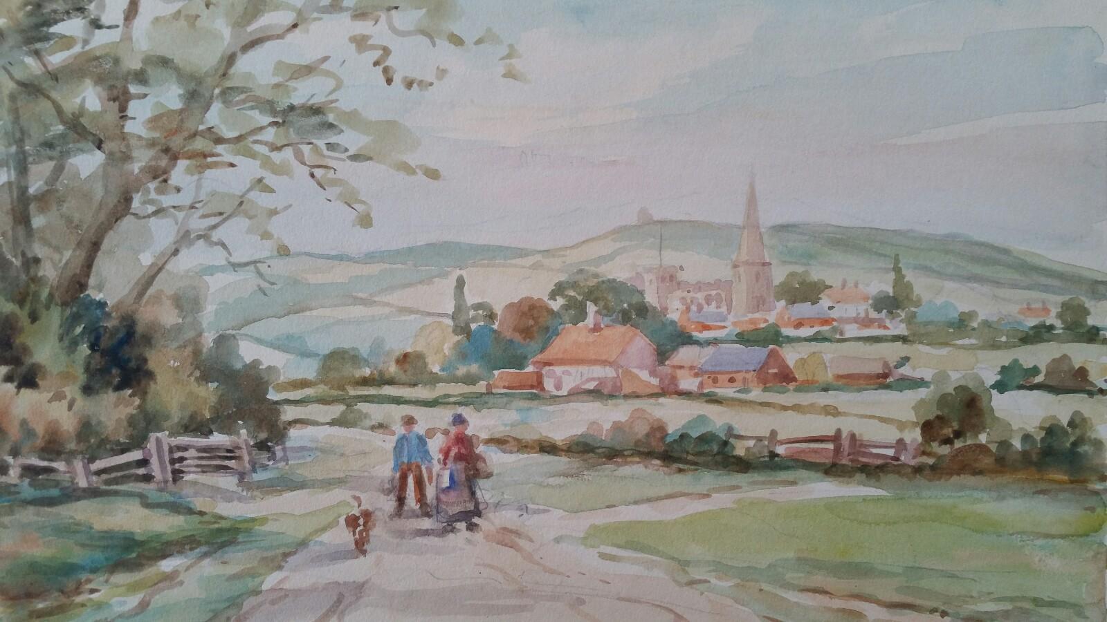 Leonard Machin Rowe Landscape Painting - Mid 20th Century, England: Figures near Astbury Village in Cheshire