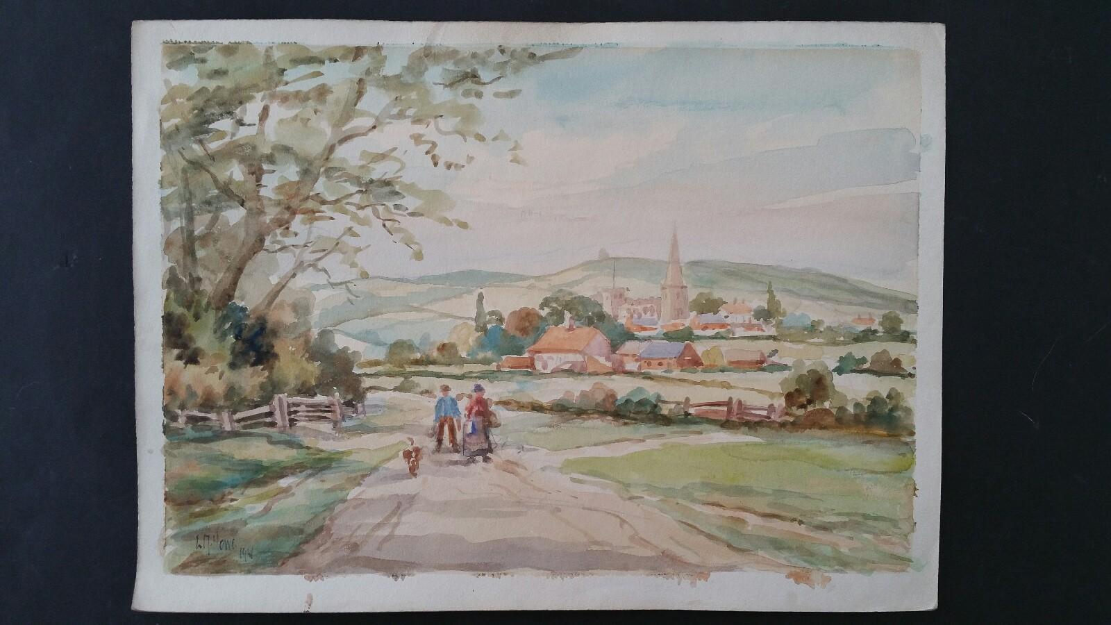 Mid 20th Century, England: Figures near Astbury Village in Cheshire - Painting by Leonard Machin Rowe