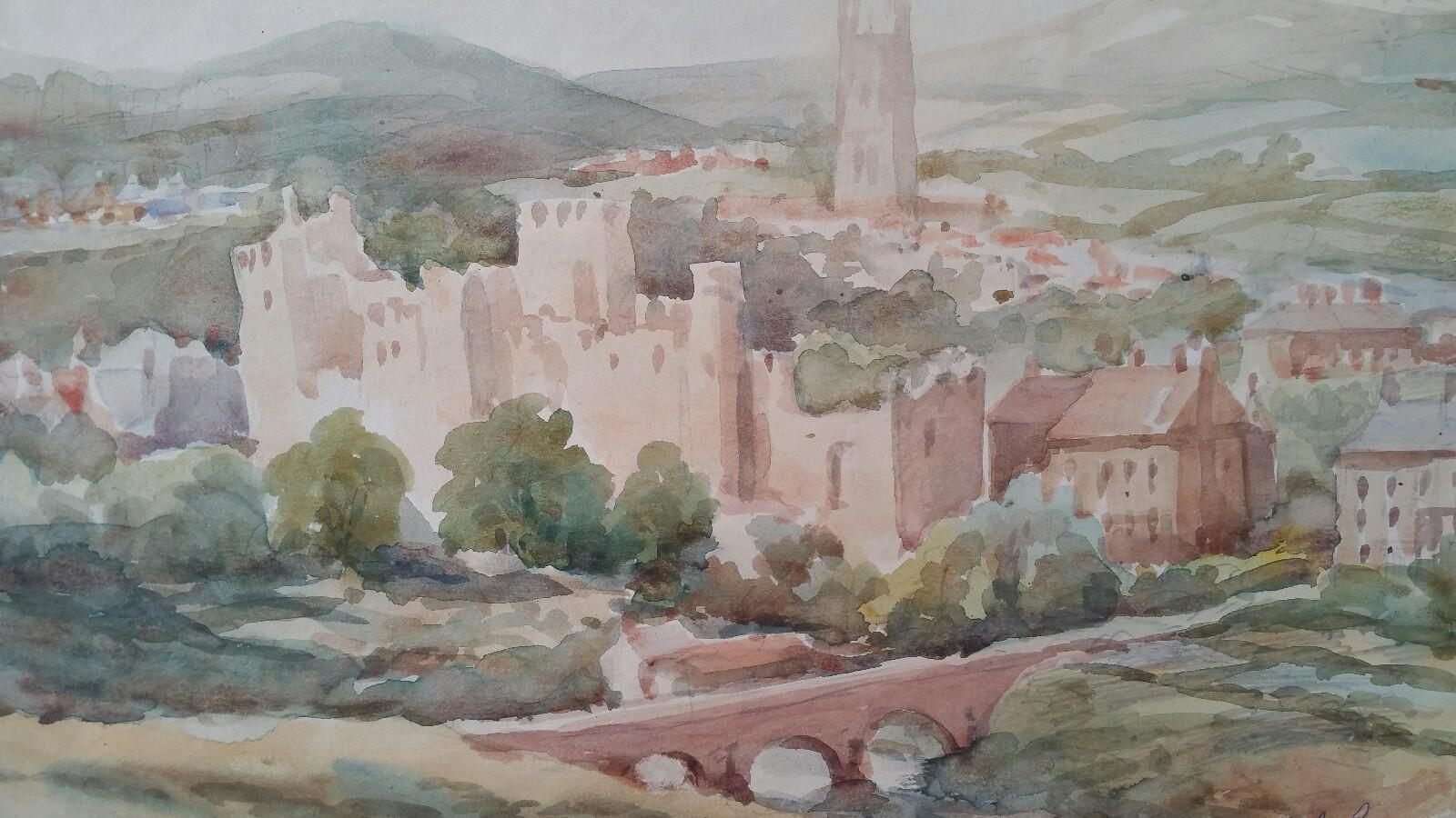 Leonard Machin Rowe Landscape Art - Mid 20th Century, Ludlow Castle and Town