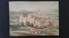 Ludlow Castle and Town Watercolor Painting, Impressionist, 1940s