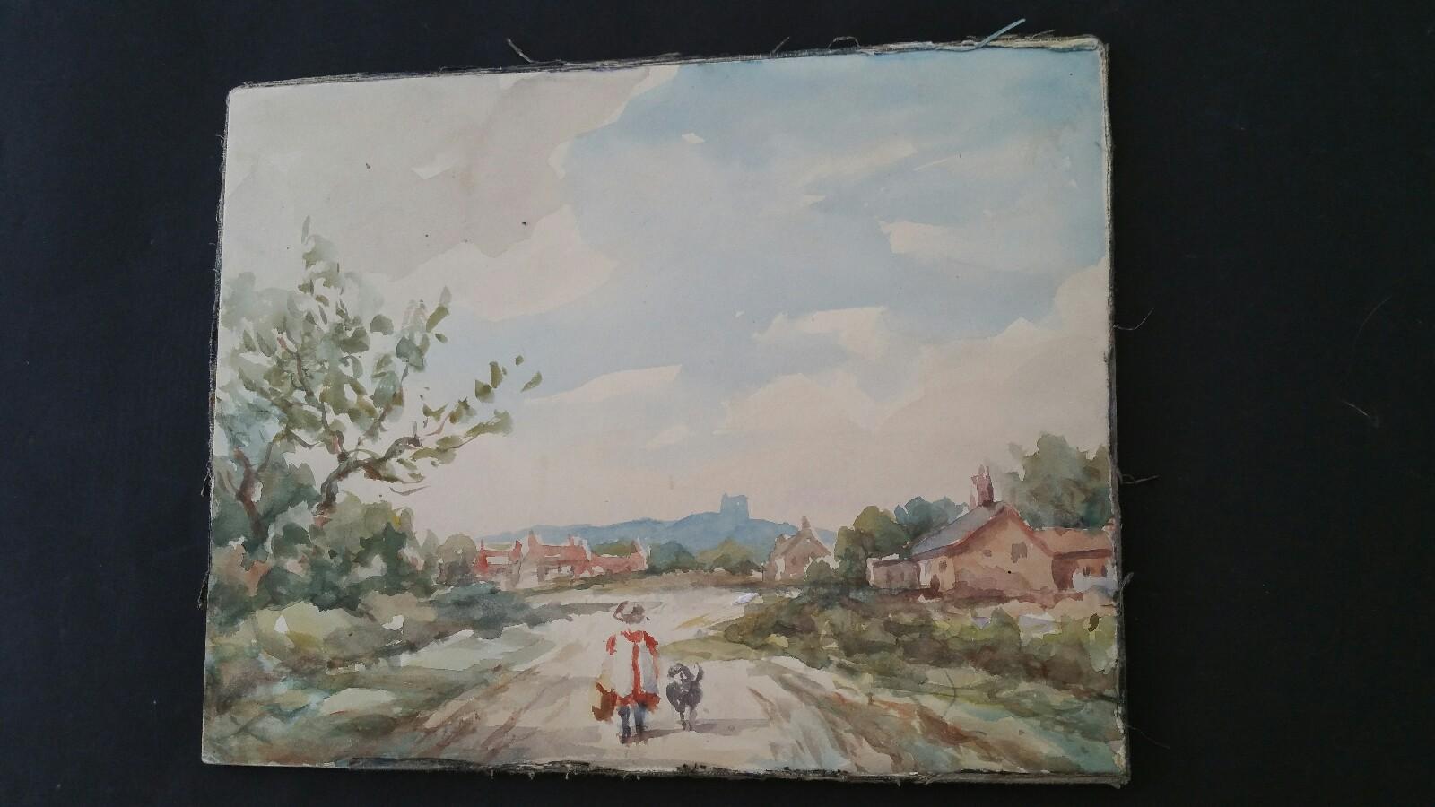 England, Child and her Dog strolling in Countryside
by Leonard Machin Rowe (1880-1968)
unsigned
watercolour painting on artist's paper affixed to board, unframed

sheet 8.5 x 11.25 inches

An utterly charming little painting by Leon. Rowe, unsigned
