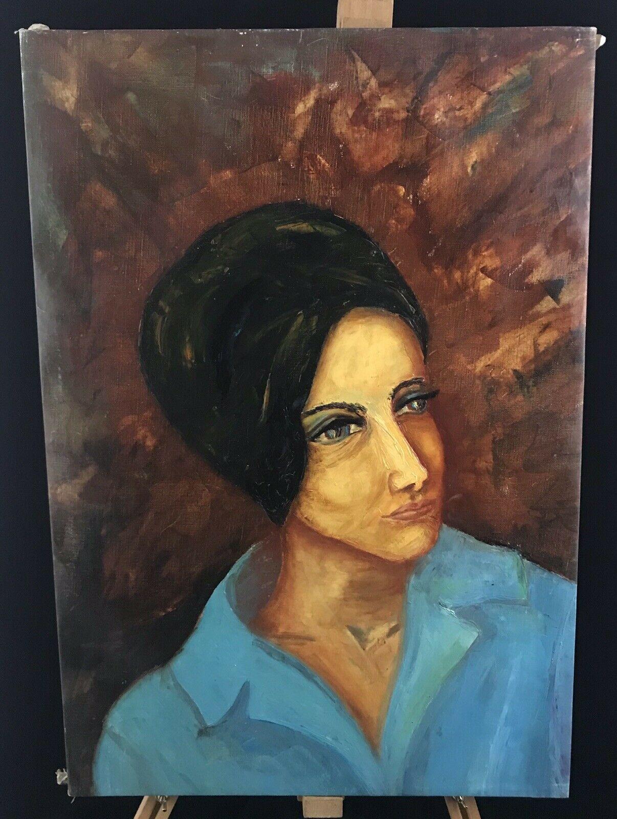 Large 1960's French Modernist Portrait Woman in Blue Jacket - Painting by Sophie Danielle Rubinstain