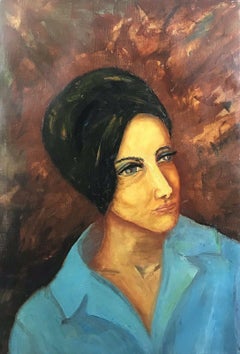 Grand portrait de femme moderniste française en veste bleue des années 1960