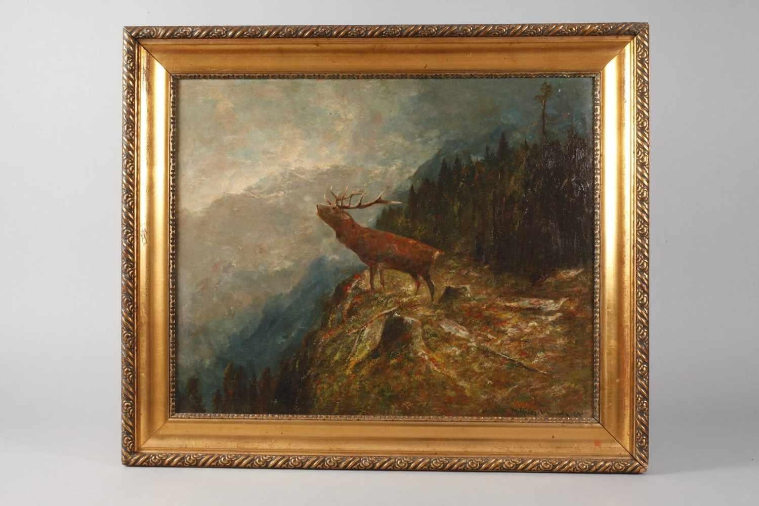 Cerf rugissant dans un paysage de montagne Grande peinture à l'huile signée sur toile encadrée - Painting de Moritz Muller