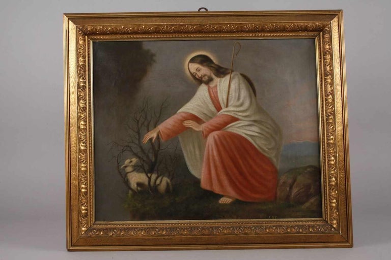 The Good Shepherd Antique German Oil Painting on Canvas Christ with Lamb - Black Portrait Painting by German artist