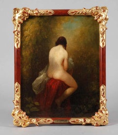 Nude Lady in Woodland 19th century German Romantic Realist Oil Painting