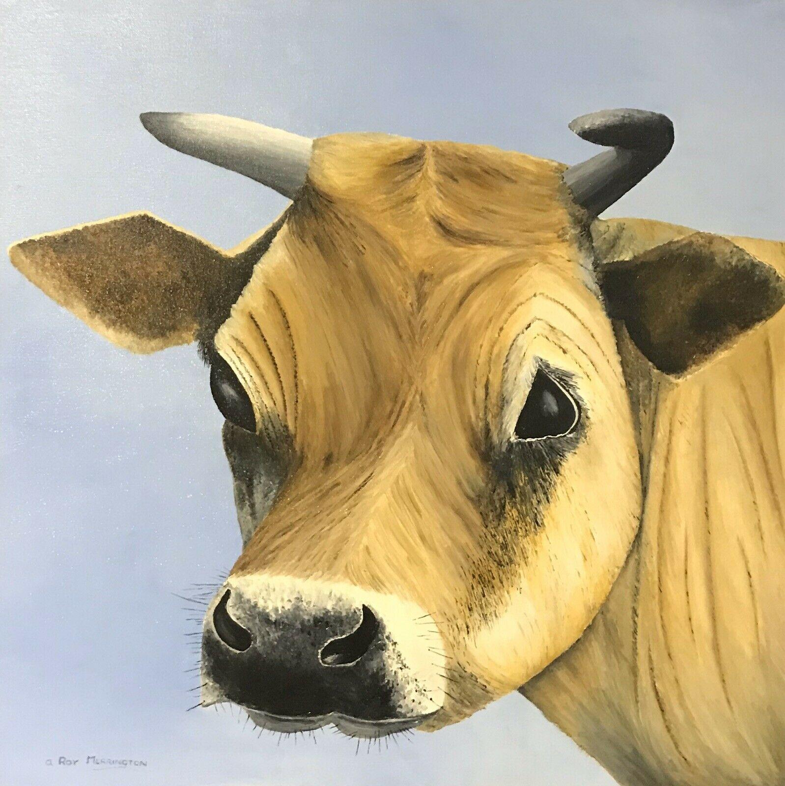 Roy Merrington Landscape Painting - ROY MERRINGTON - LARGE ENGLISH PAINTING - HEAD PORTRAIT OF JERSEY COW