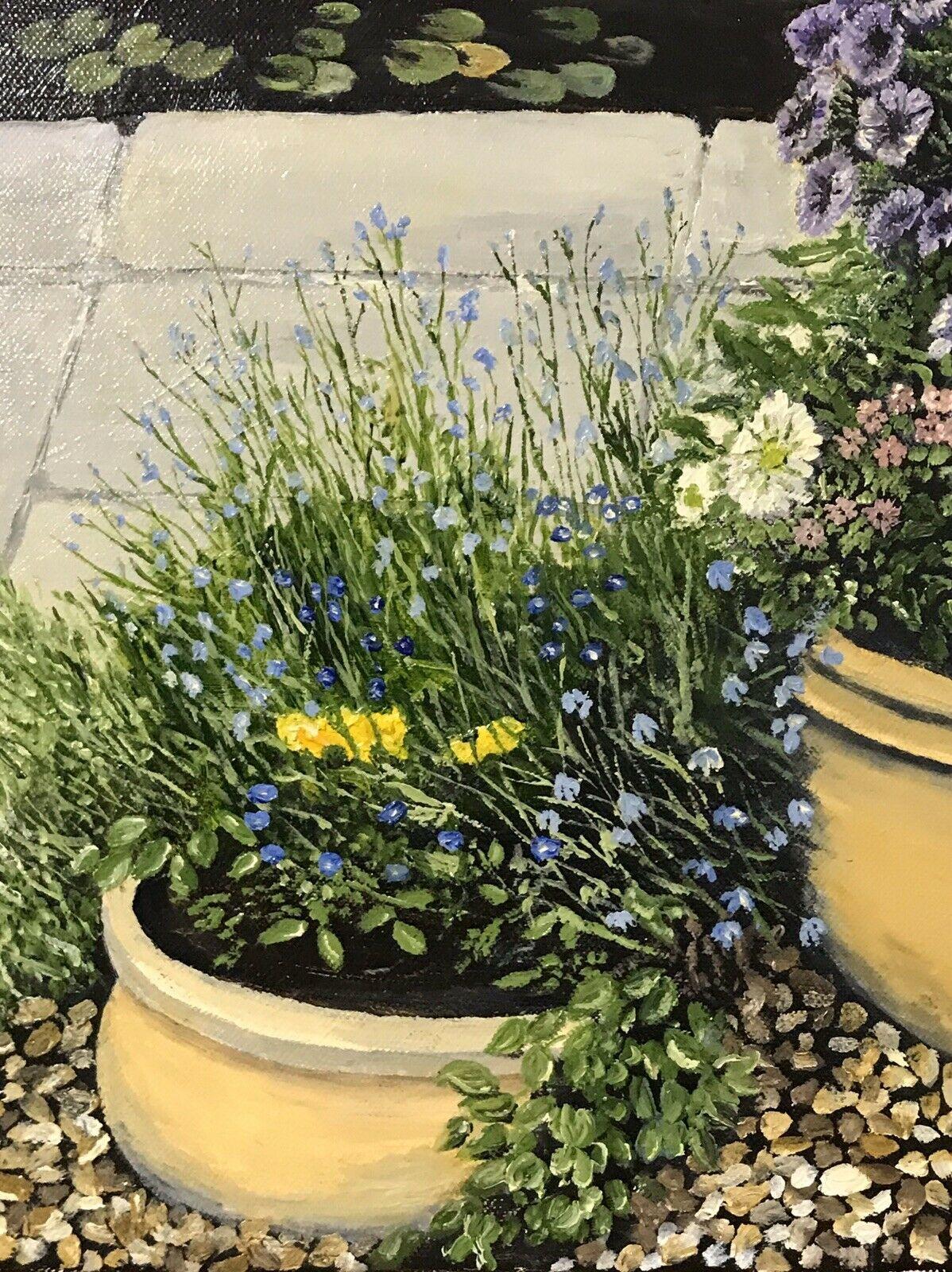 ROY MERRINGTON - FINE ENGLISH LARGE OIL - FLOWERS IN GARDEN POTS en vente 1