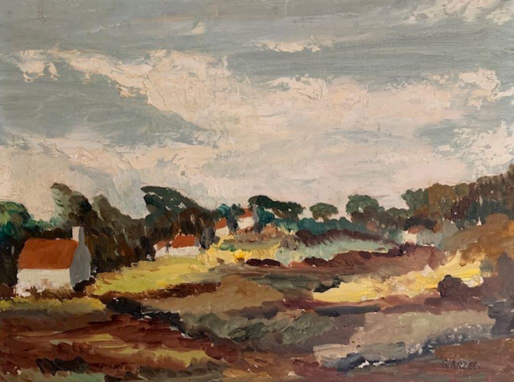 Landscape Painting di G. Arzel - Quadro ad olio firmato Mid Century French Windswept Landscape - colori freschi
