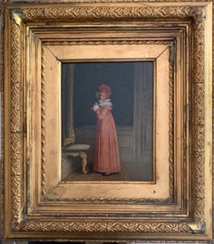 19th Century Portrait Elegant Young Lady before a Mirror with Hat, signed oil