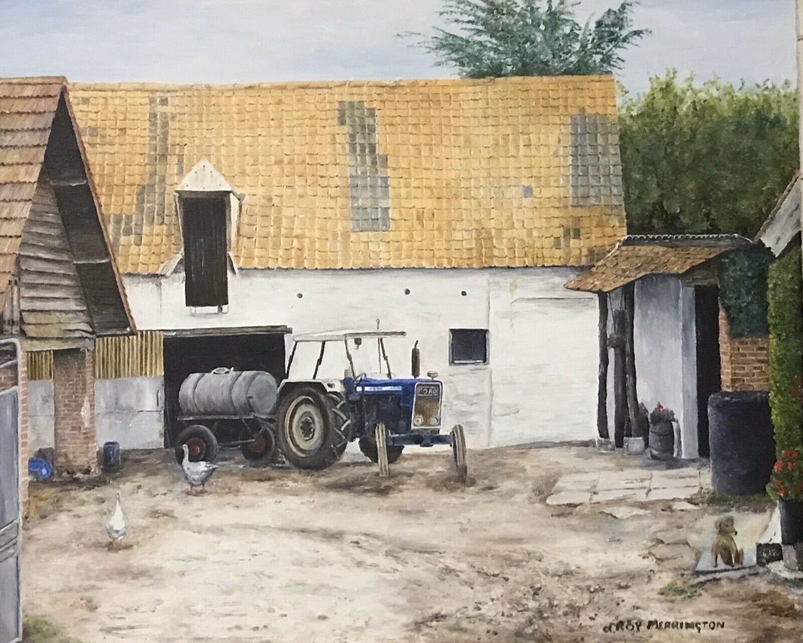 Tommaso Principe Abstract Painting - VINTAGE ENGLISH OIL PAINTING - FARMYARD BUILDINGS WITH TRACTOR & CHICKENS