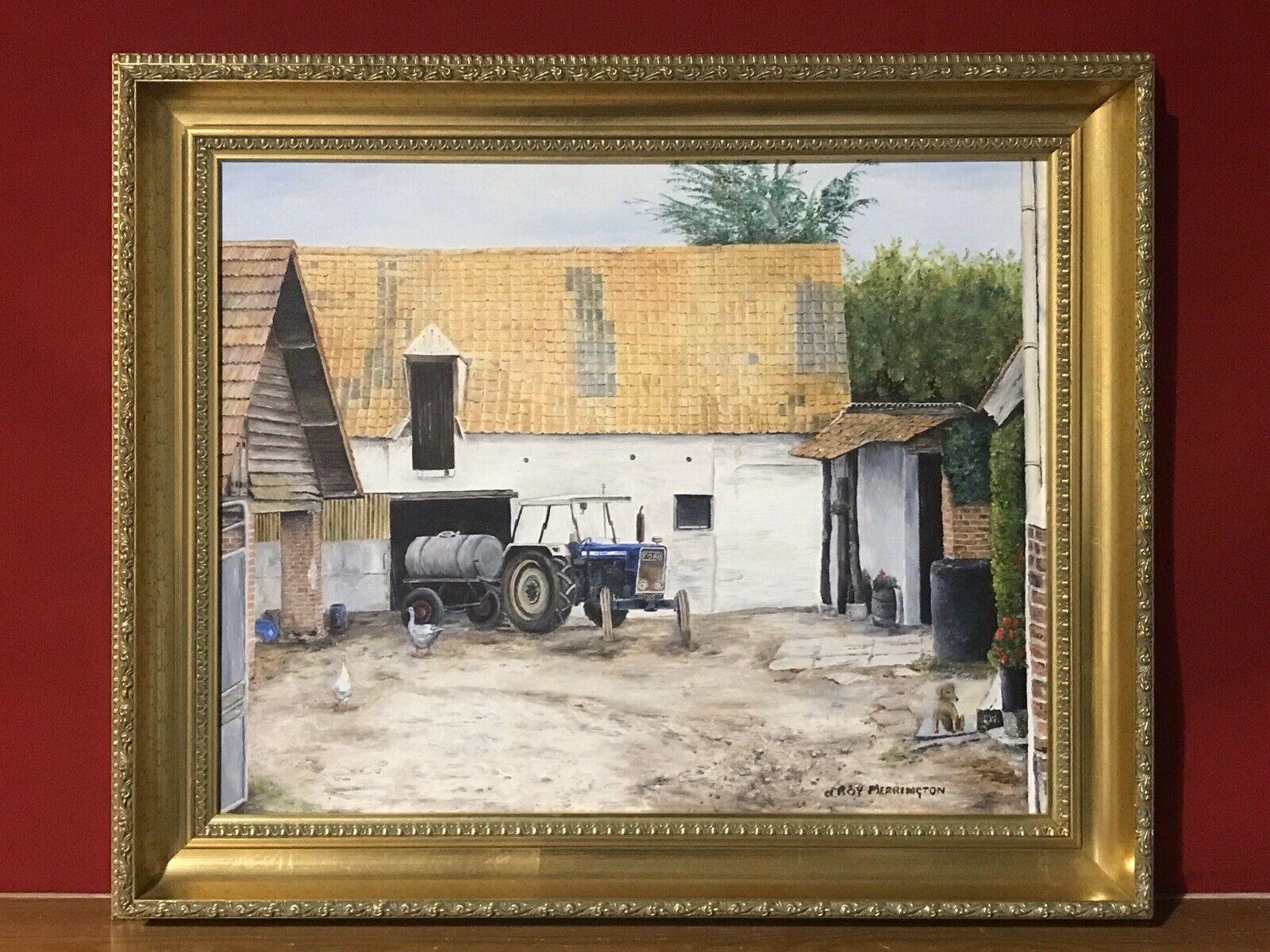 VINTAGE ENGLISH OIL PAINTING - FARMYARD BUILDINGS WITH TRACTOR & CHICKENS - Painting by Tommaso Principe