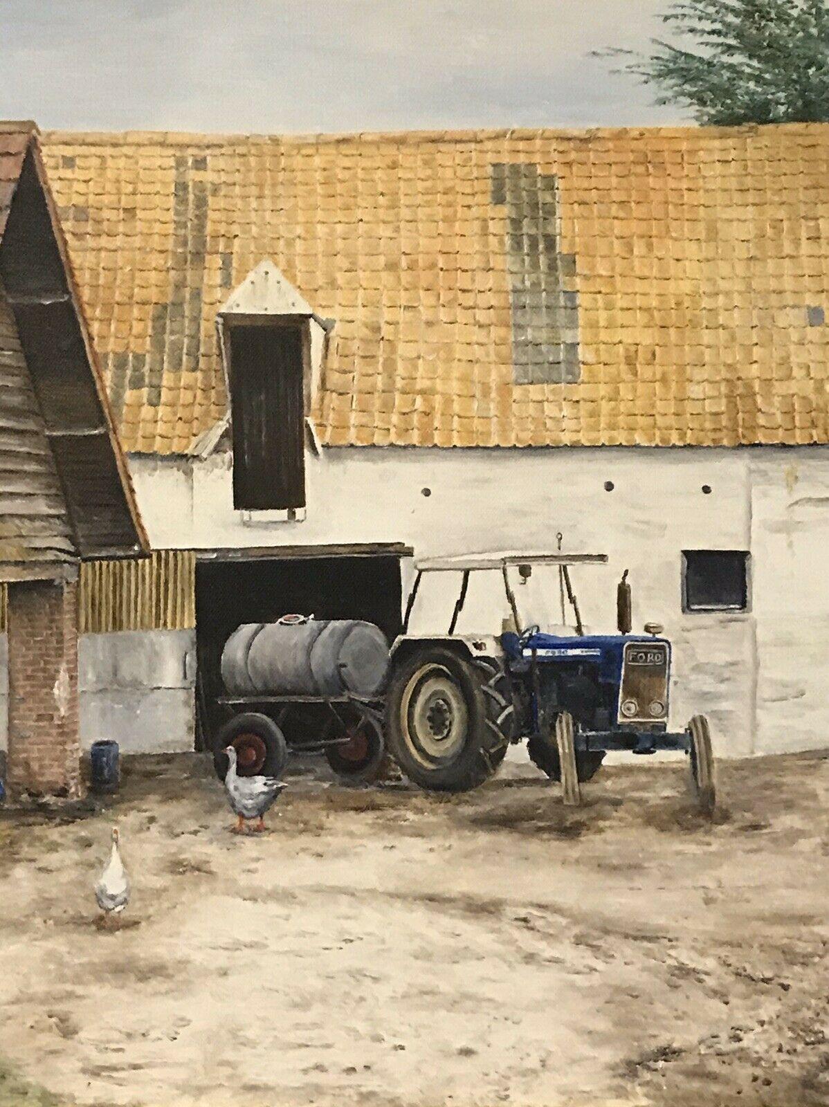 VINTAGE ENGLISH OIL PAINTING - FARMYARD BUILDINGS WITH TRACTOR & CHICKENS - Victorian Painting by Tommaso Principe