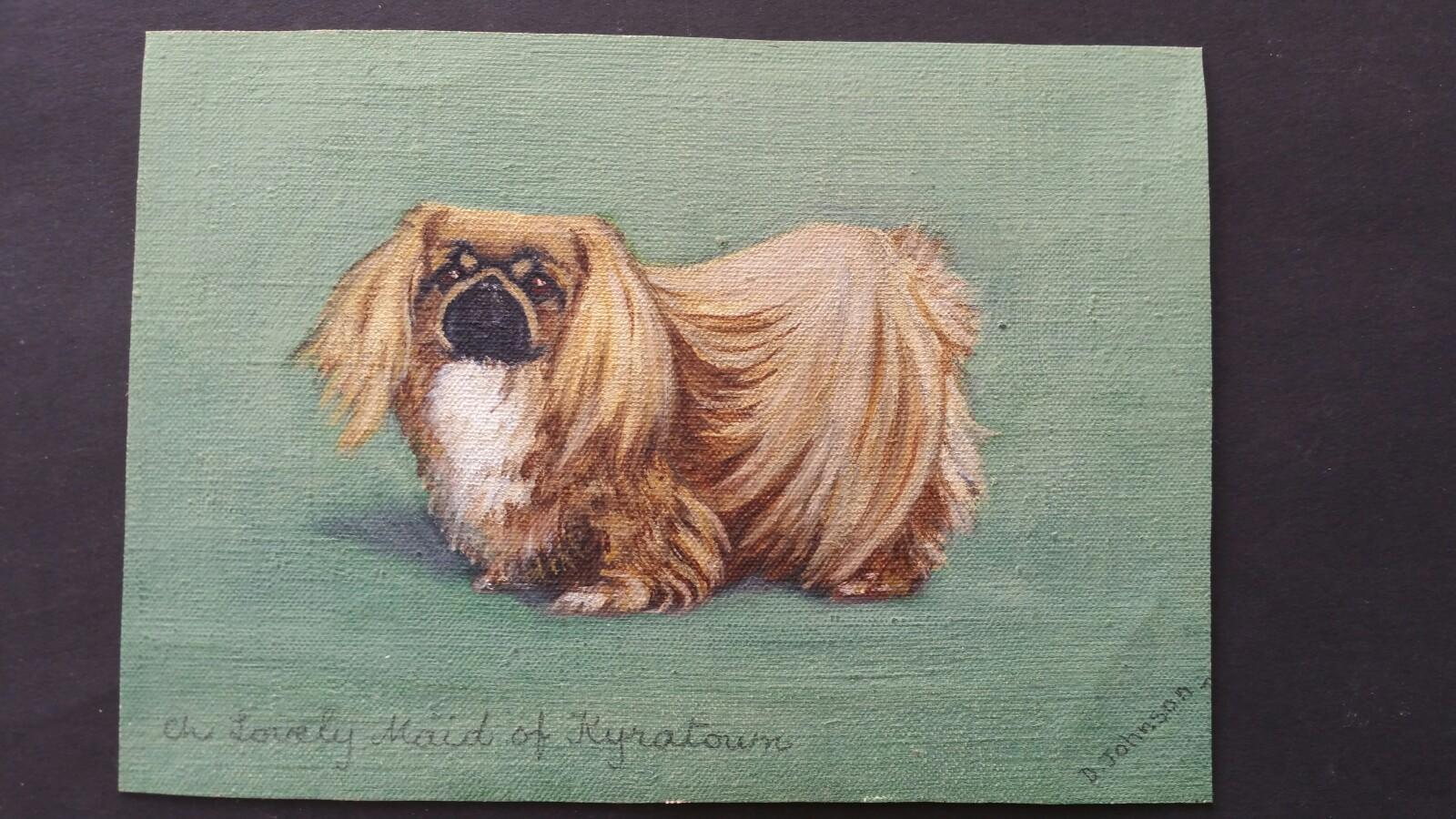 Peinture à l'huile de l'école anglaise du milieu du 20e siècle : chien pékinois - Painting de Dorothy Alexandra Johnson