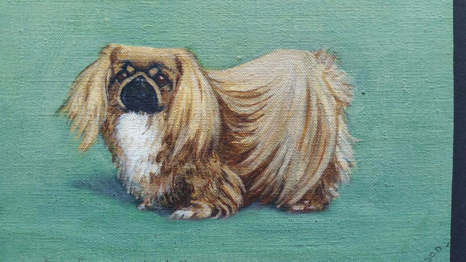 Peinture à l'huile de l'école anglaise du milieu du 20e siècle : chien pékinois - Gris Animal Painting par Dorothy Alexandra Johnson