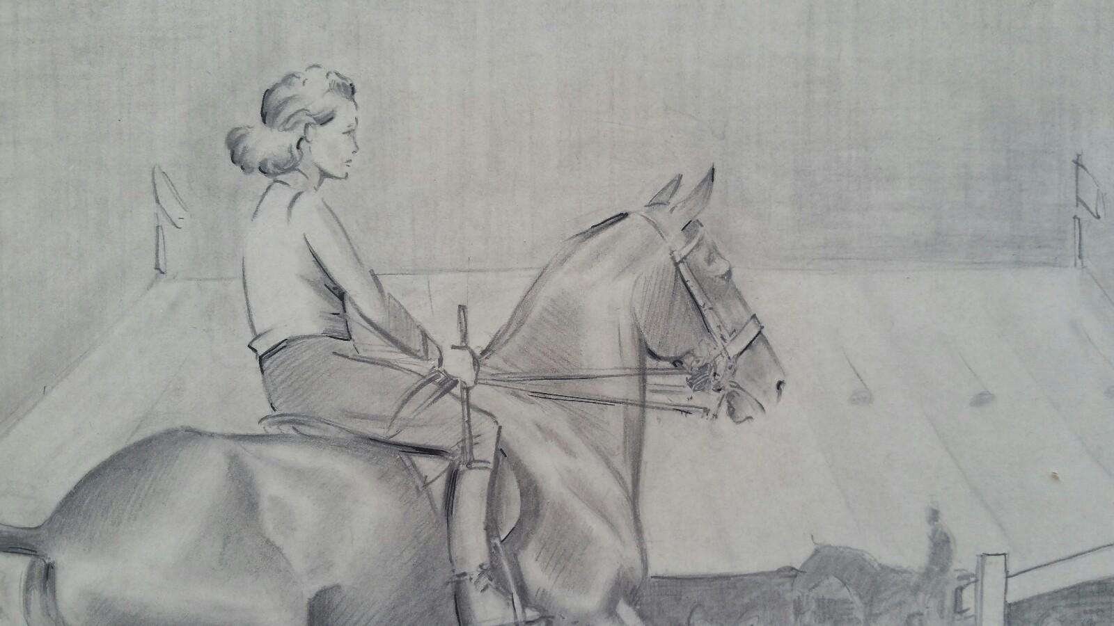 Englische Pferdesport-Dame des 20. Jahrhunderts auf Pferd, 1930er Jahre (Impressionismus), Art, von Eric Meade-King