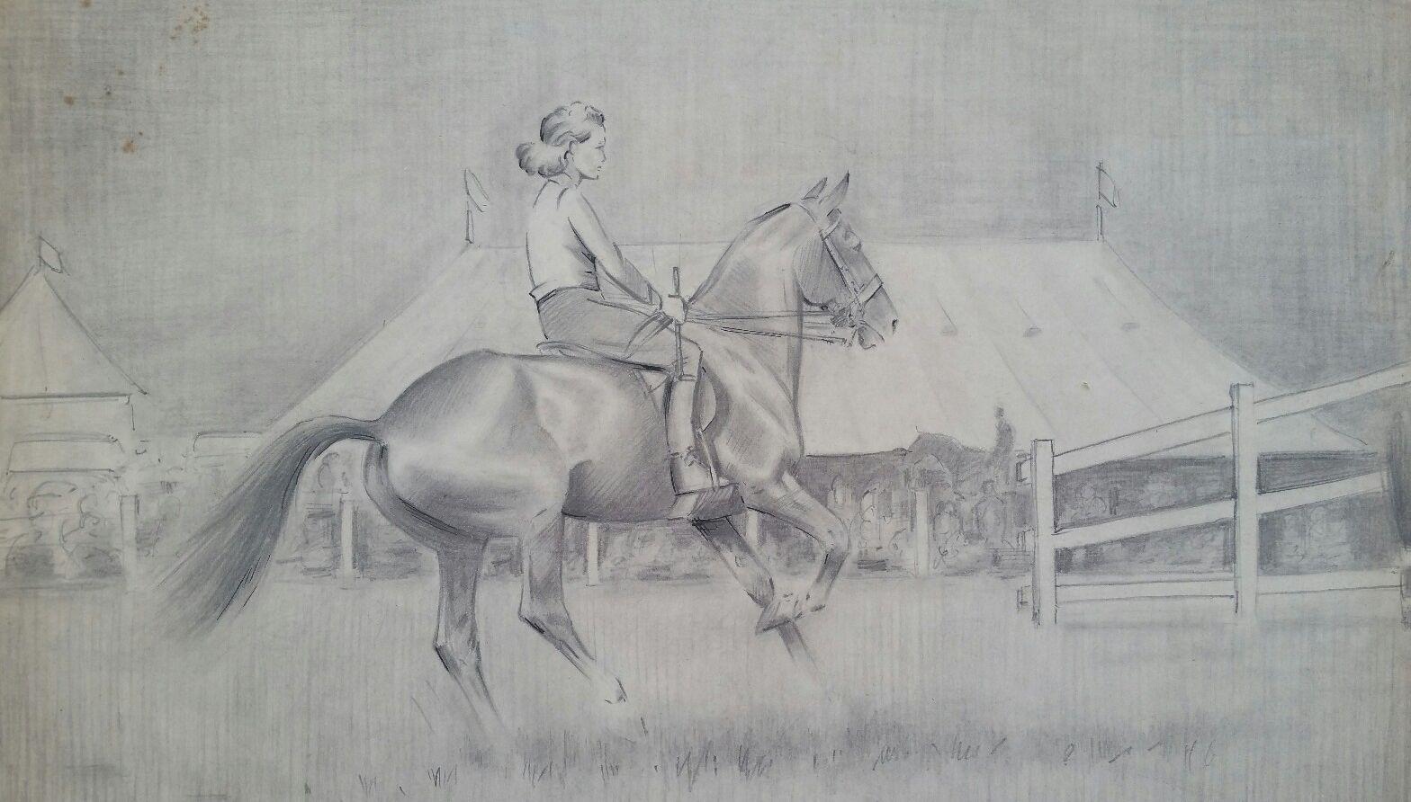 Femme au dos d'un cheval, art sportif équestre anglais du 20ème siècle, 1930