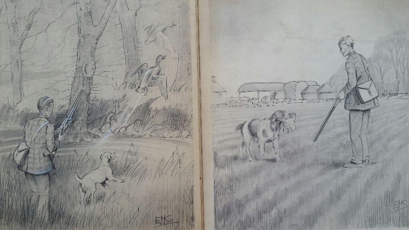 Eric Meade-King Animal Art - 1930s Pair of Sporting Dogs Shooting Country Pursuits Sporting Art