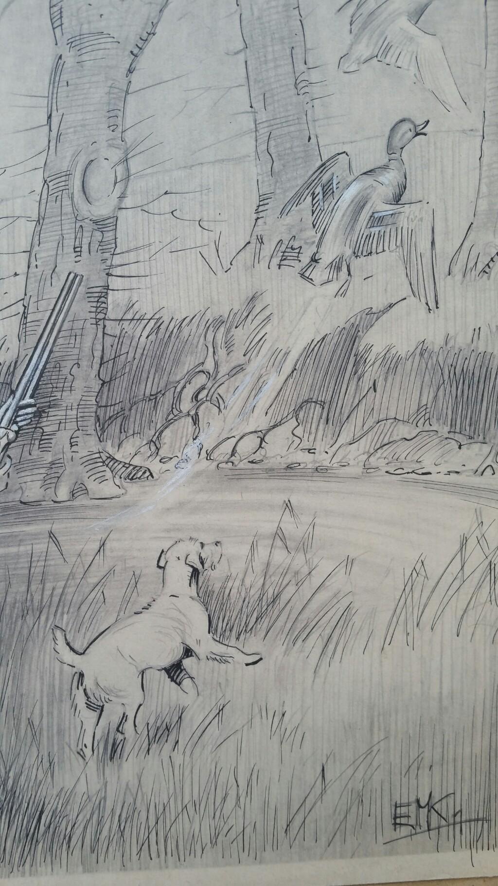Sporting Dogs: a sportsman with gun accompanied by dogs on a hunt, one depicted retrieving, the other flushing ducks
by Eric Meade-King (1911-1987)
each signed by initials lower right in image, inscribed to lower margins in pencil
graphite and ink