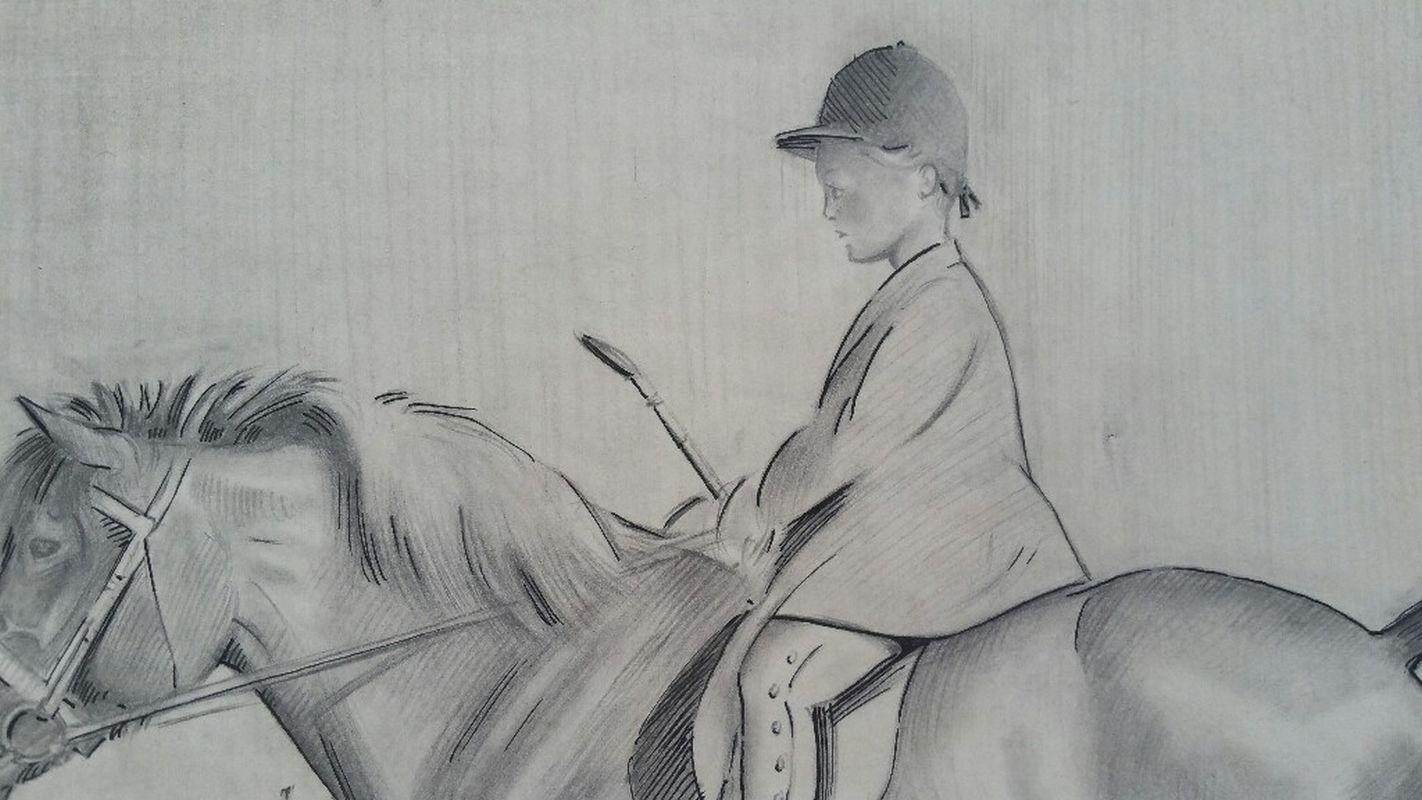 English 1930s Equestrian Child Riding on Horseback Sporting Art - Gray Animal Art by Eric Meade-King