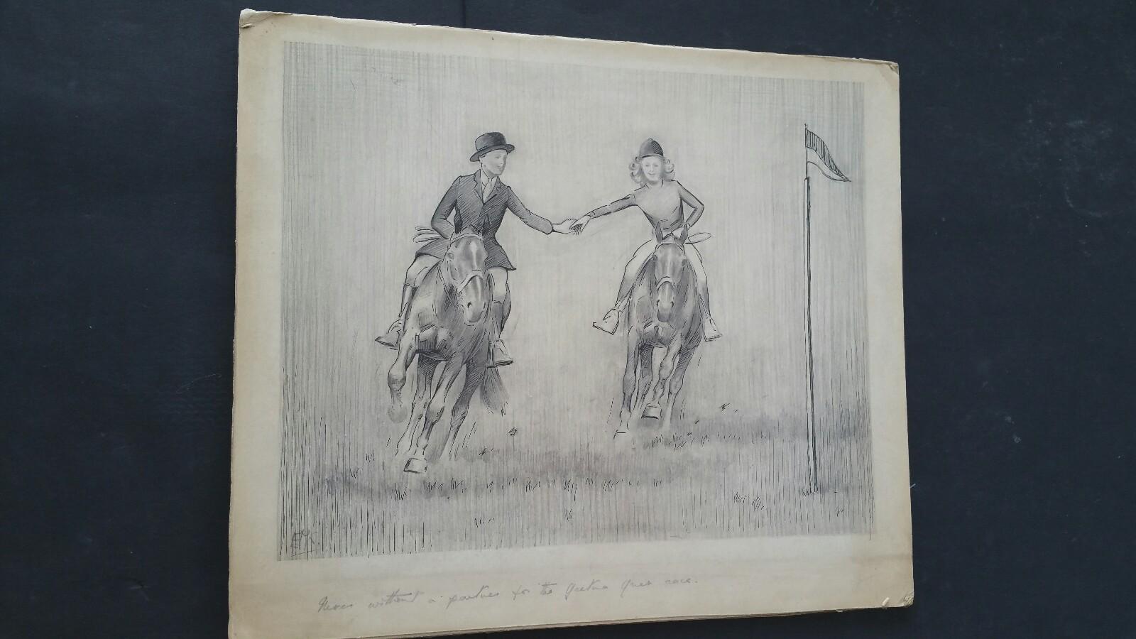 English Sporting Art 1930s Huntsman & Hunts Lady Galloping on Horses - Gray Animal Art by Eric Meade-King