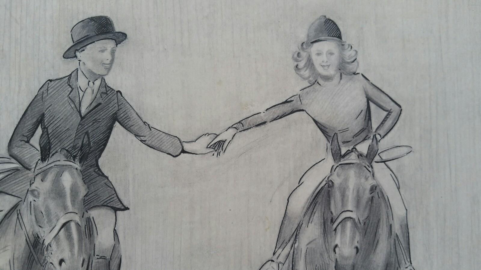 English Sporting Art 1930s Huntsman & Hunts Lady Galloping on Horses 2