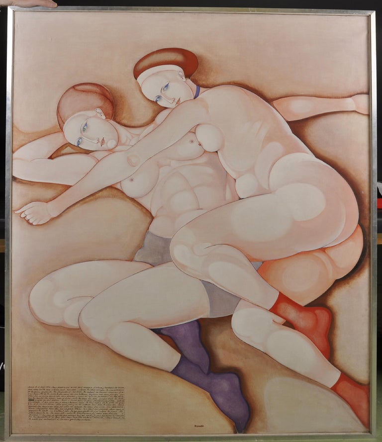 Les Deux Amies Huge Italian Modernist Oil Painting Nude Female Lovers - Brown Figurative Painting by Pierluca Ferdinando Nando 