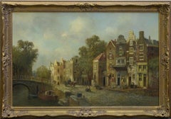 Old Amsterdam Busy Working Street Scene & Canal Large Signed Oil Painting