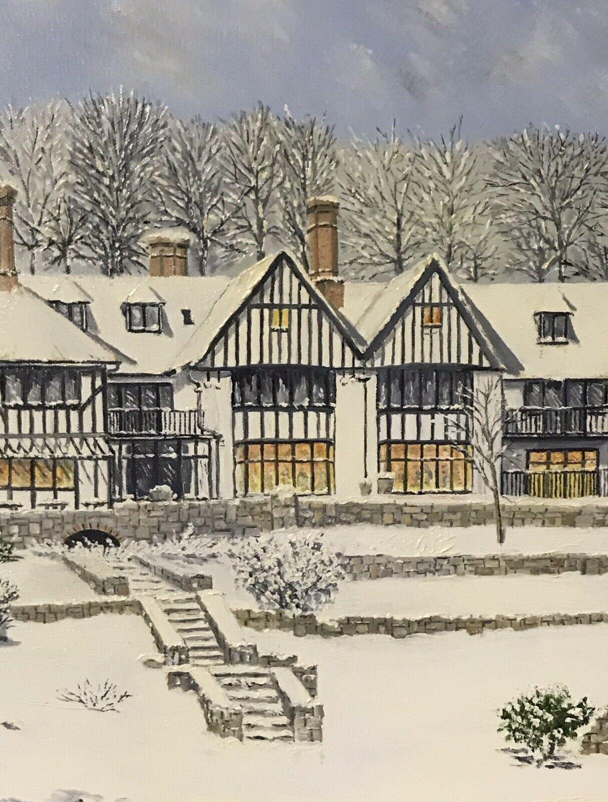 LARGE ENGLISH OIL PAINTING TUDOR HOUSES IN WINTER SNOW LANDSCAPE - Painting by Roy Merrington