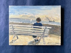 French Impressionist Oil Normandy Coast Lady Sitting on Bench Looking out to Sea