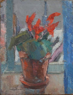 Mid 20th century Swedish oil painting Red Flowers Terracotta Vase