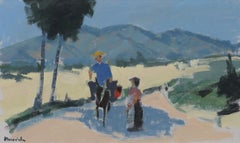 Mid 20th century Swedish oil painting Figure in Sunny Landscape on Donkey