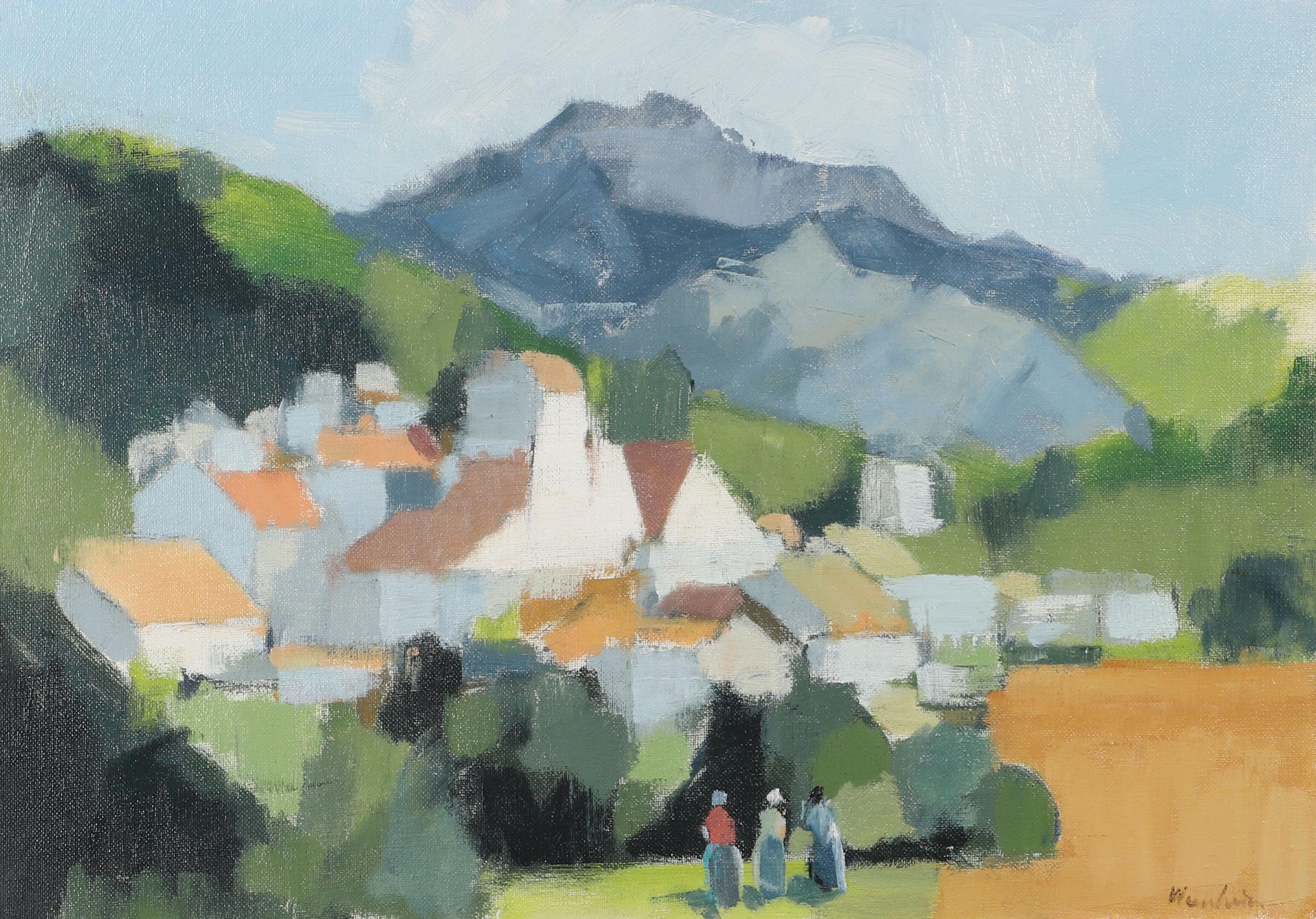 Stig Wernheden (1921–1997) Landscape Painting - Mid 20th century Swedish oil painting Figures Mountainous Village