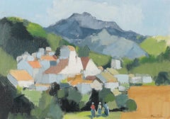 Mid 20th century Swedish oil painting Figures Mountainous Village