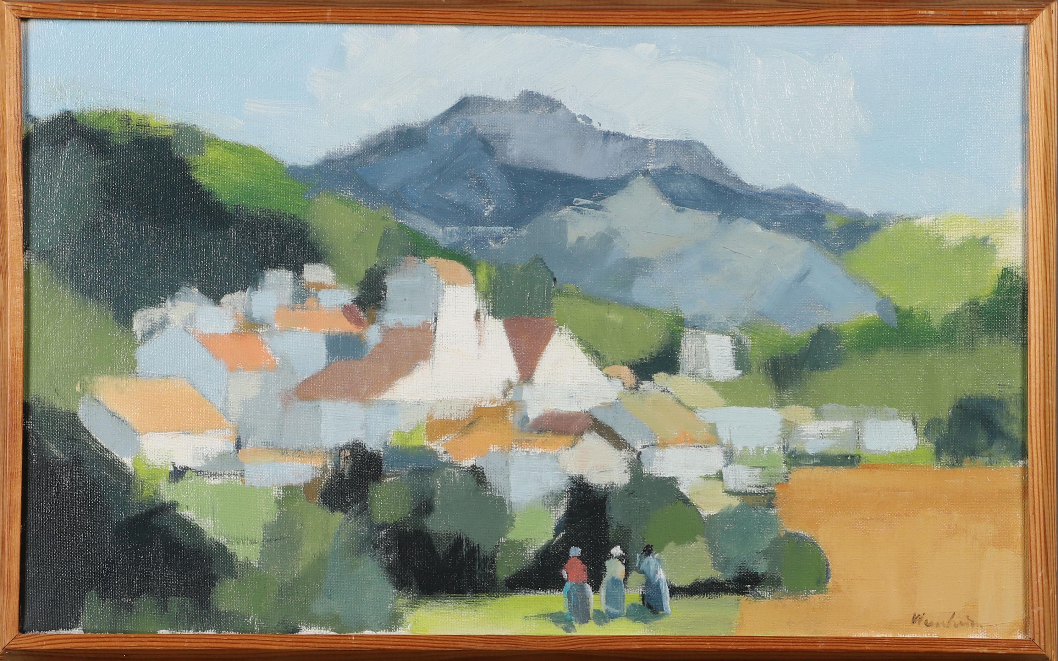 Mid 20th century Swedish oil painting Figures Mountainous Village - Painting by Stig Wernheden (1921–1997)