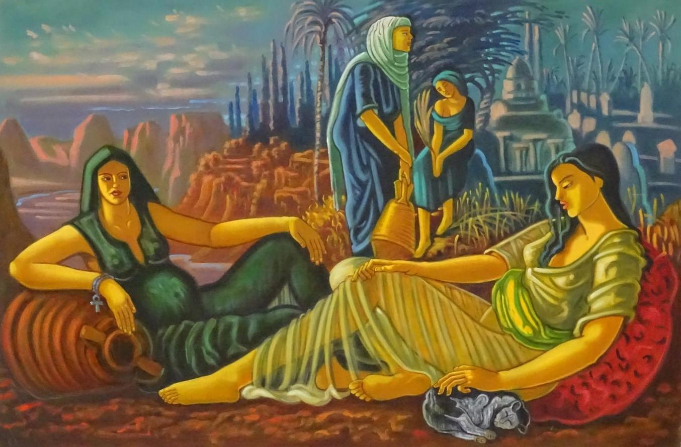 Classical Maidens Eastern Landscape Huge British Surrealist Oil Painting 