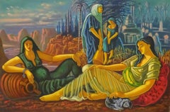 Classical Maidens Eastern Landscape Huge British Surrealist Oil Painting