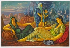 Classical Maidens Eastern Landscape Huge British Surrealist Oil Painting