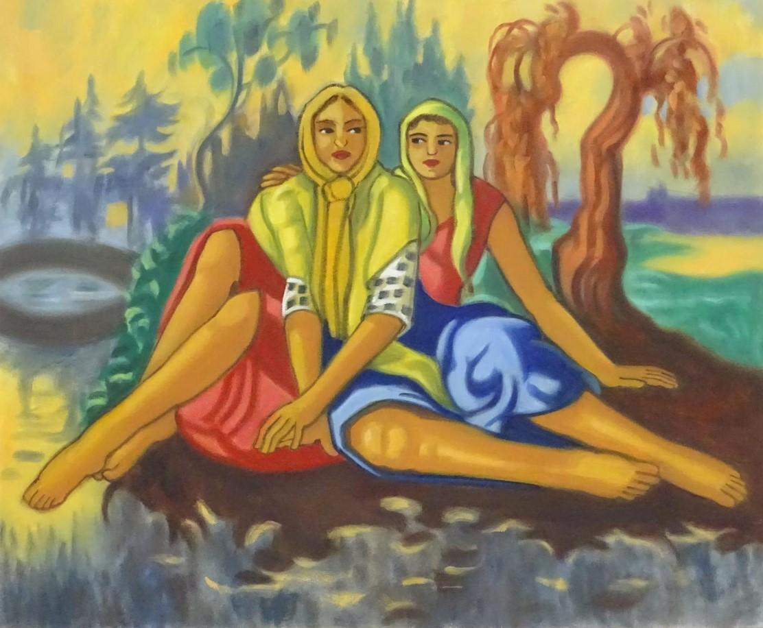 Deux femmes dans un paysage - Peinture à l'huile surréaliste britannique 