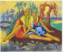 Two Ladies in Landscape - British Surrealist Oil Painting