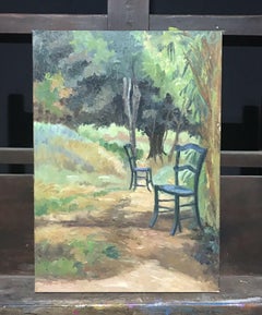 Garden Chairs in Dappled Light Garden French Post-Impressonist Signed Oil