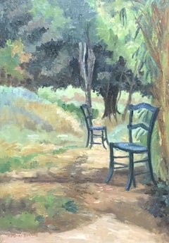 Garden Chairs in Dappled Light Garden French Post-Impressonist Signed Oil