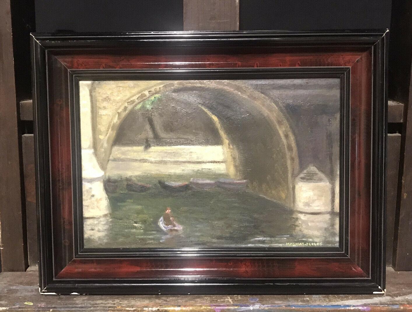 Boating on the River Seine Paris underneath Stone Bridge Signed French Oil - Painting by Bertrand Mogniat-Duclos 