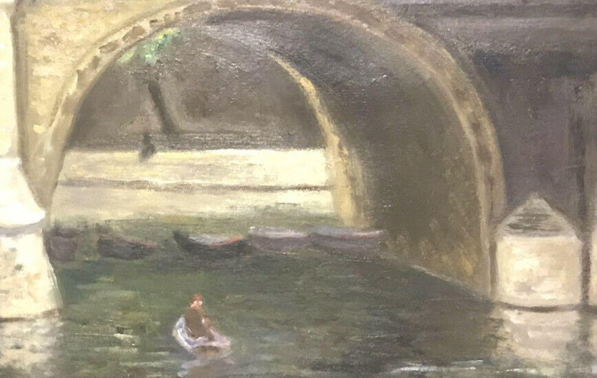 Bertrand Mogniat-Duclos  Landscape Painting - Boating on the River Seine Paris underneath Stone Bridge Signed French Oil